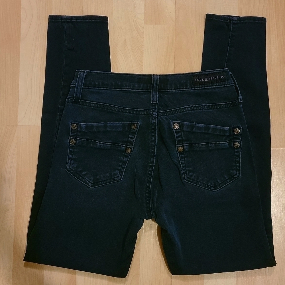 Rock & Republic Low Rise Skinny Jeans Black Stretch Denim Straight Leg Size 6